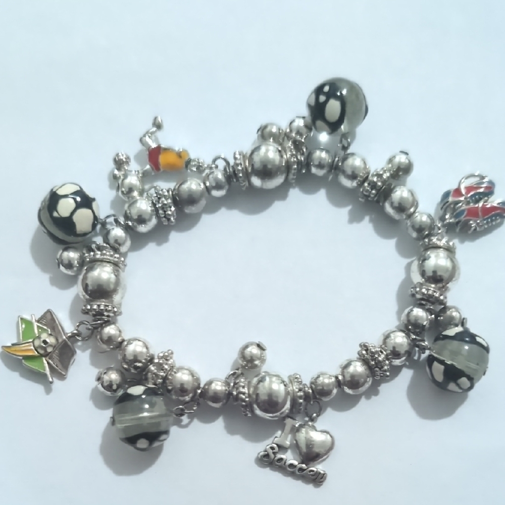 Silver and Black Beaded‎ Soccer Charm Bracelet